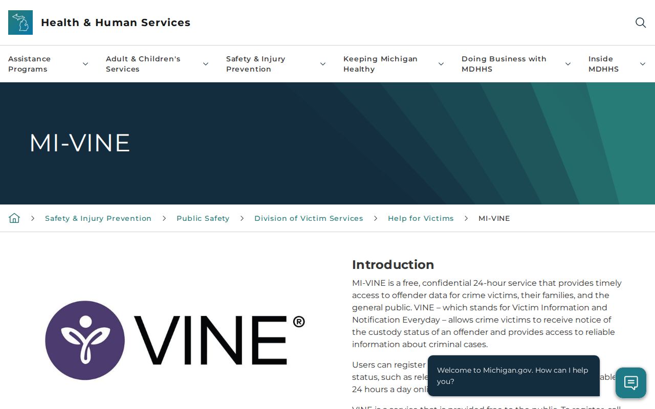 Official Michigan MI-VINE custody notification webpage