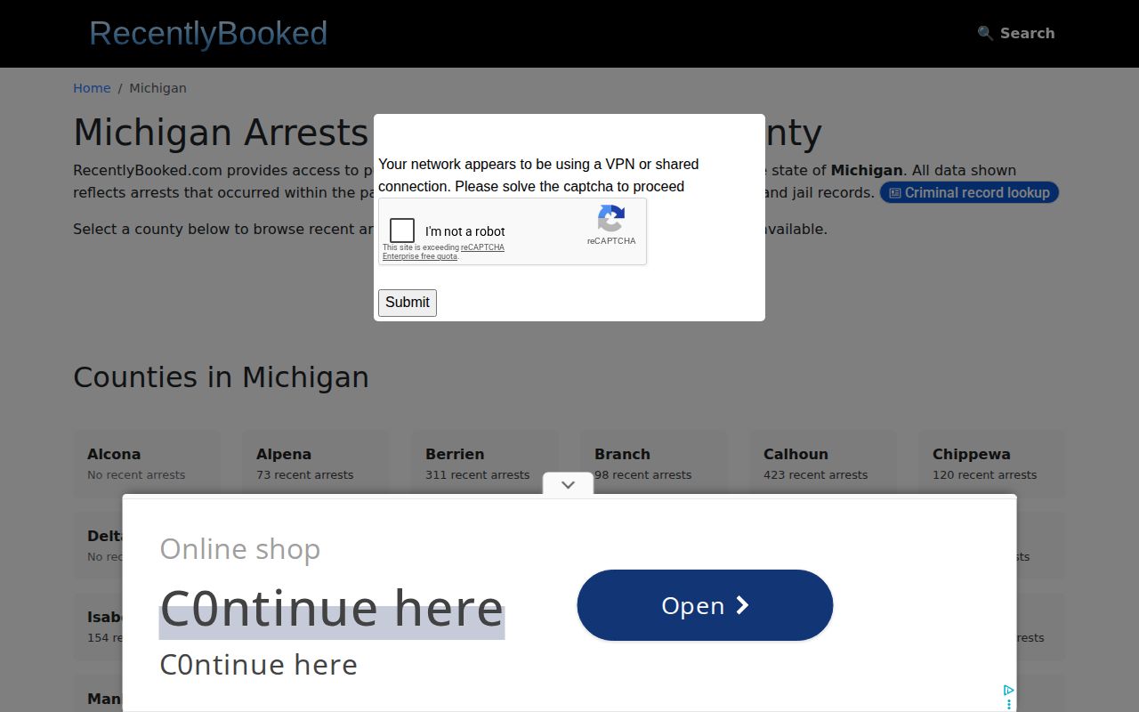 RecentlyBooked Michigan county navigation without a verified Roscommon section